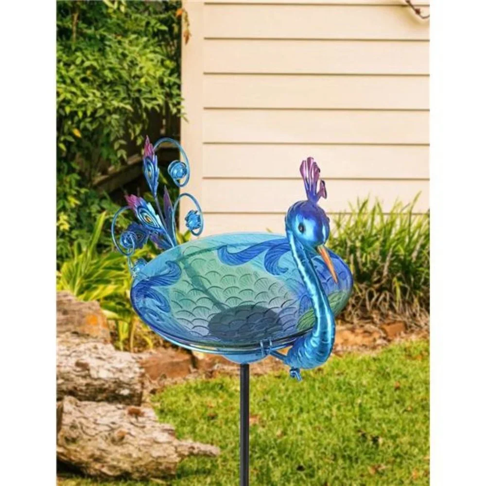 Outdoor Bird Bath Solar Birdbath Small Birdfeeder with Peacock Metal Stake